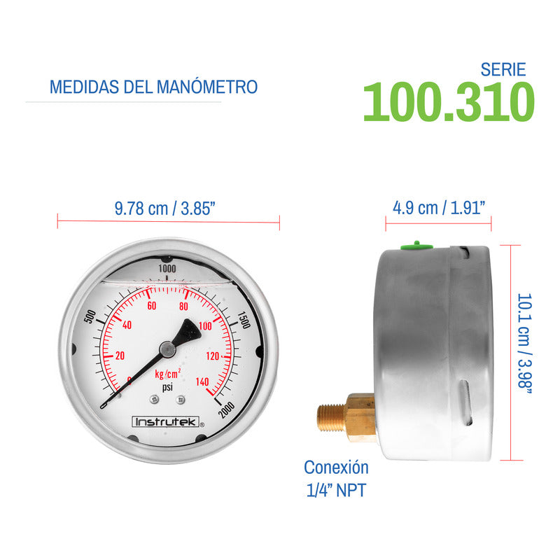 Manómetro Inox Alta Presión Glicerina 4 PLG, 2000 Psi