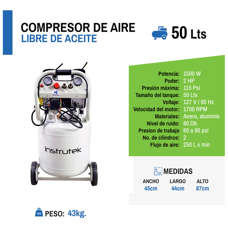 Compresor Dental Libre De Aceite 2 Hp Tanque 50 Lts