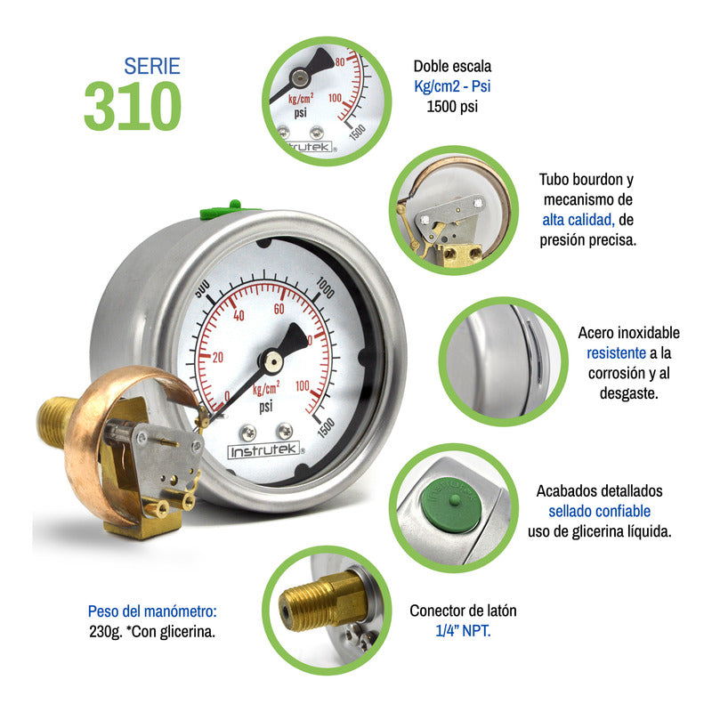 Manómetro Inox Alta Presión Glicerina 2.5 PLG, 1500 Psi