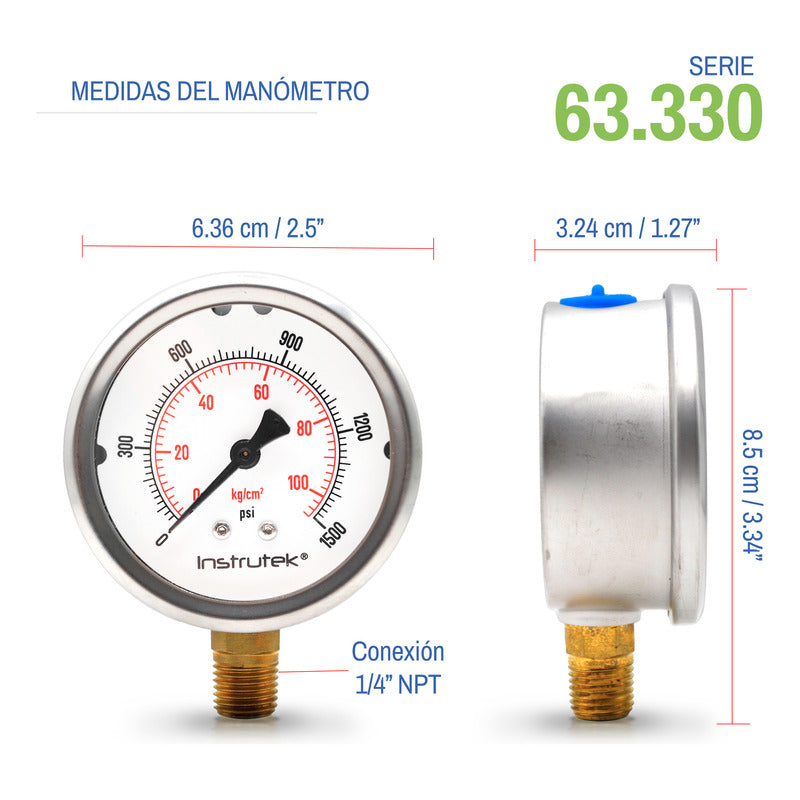 Manómetro P/ Sistema De Riego C/glicerina 2.5 PLG, 1500 Psi