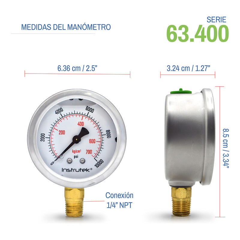 Manómetro Premium Alta Presión Glicerina 2.5 PLG, 10000 Psi