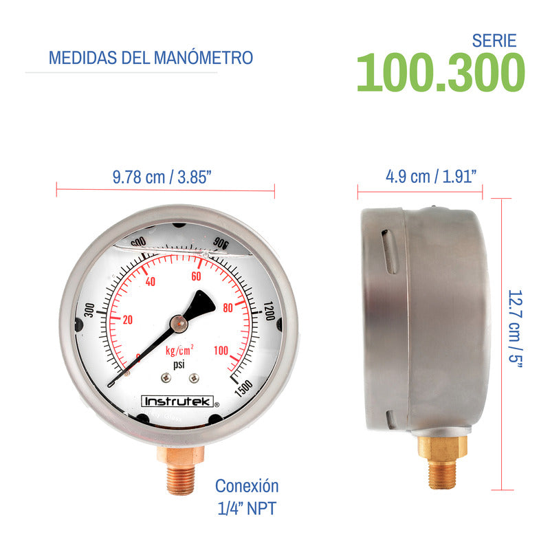 Manómetro Inox Alta Presión Glicerina 4 PLG, 1500 Psi