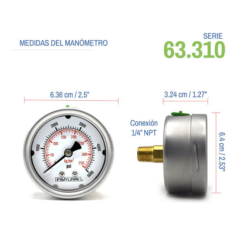 Manómetro Inox Alta Presión Glicerina 2.5 PLG, 5000 Psi